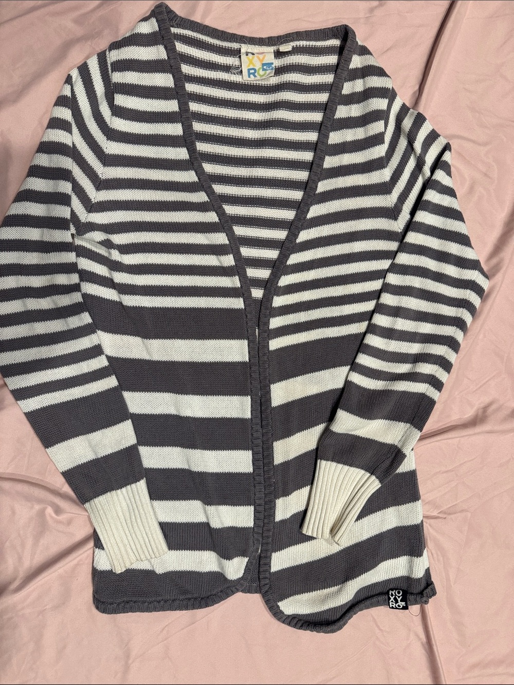 Roxy Gray & White Striped Open Front Cardigan